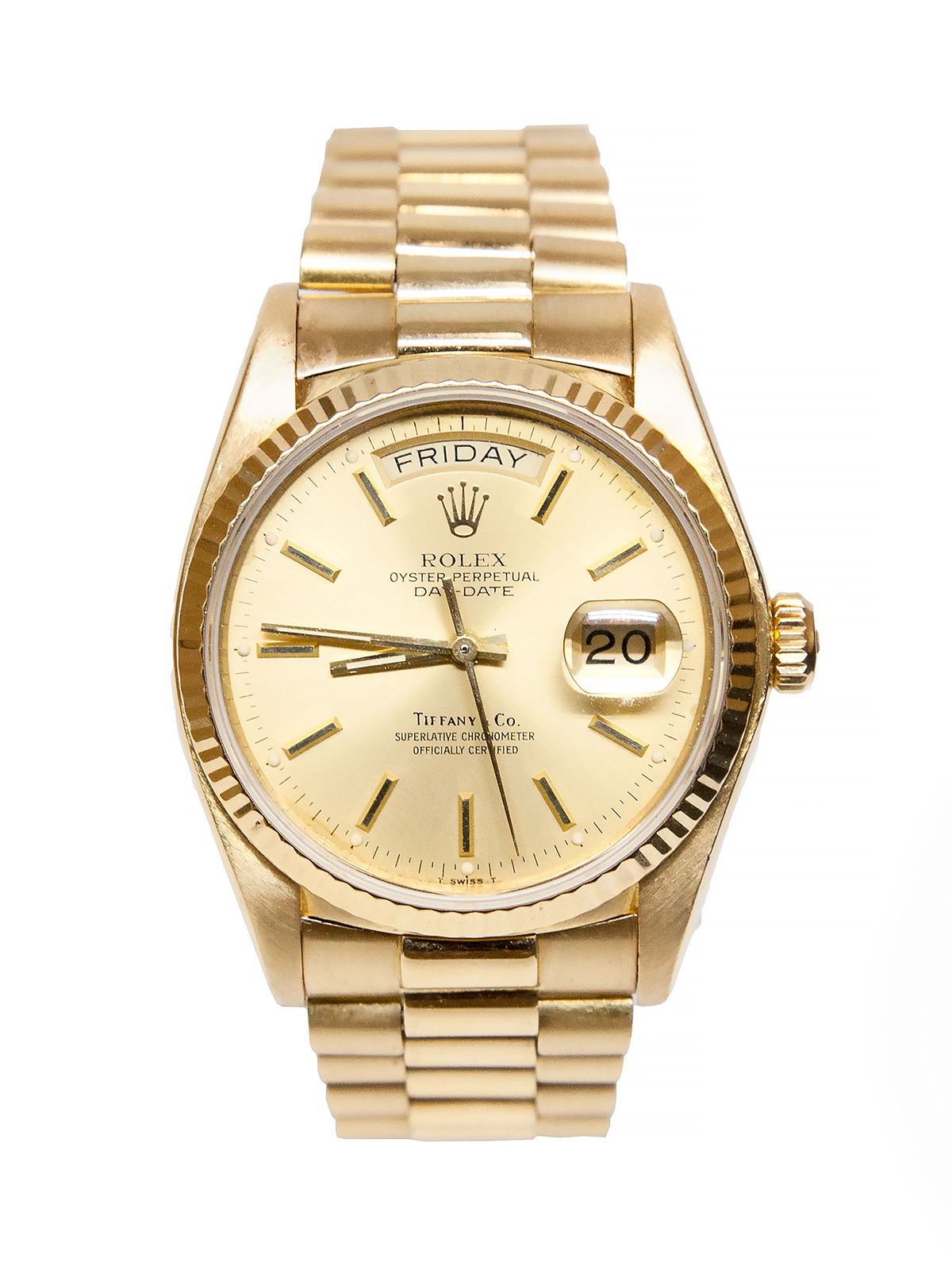 Rolex, Retailed for Tiffany 18k Yellow Gold Day-Date Presidential Bracelet Watch with Box & Brochure c. 1980