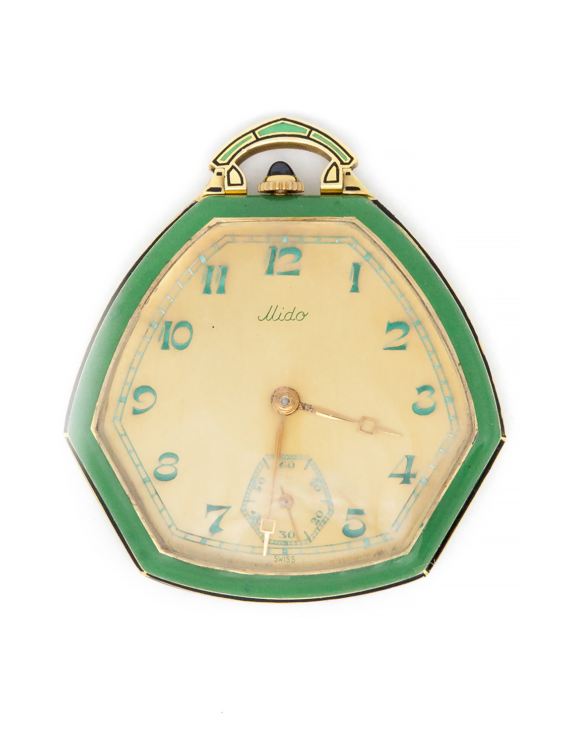 Mido 18k Yellow Gold Art Deco Enamel Hexagonal Open Face Pocket Watch