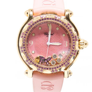 Chopard "Happy Sport" Lady's 18k PG, Pink Sapphire bezel 3 floating diam & Sapphire fish Ref: 28/3550-42