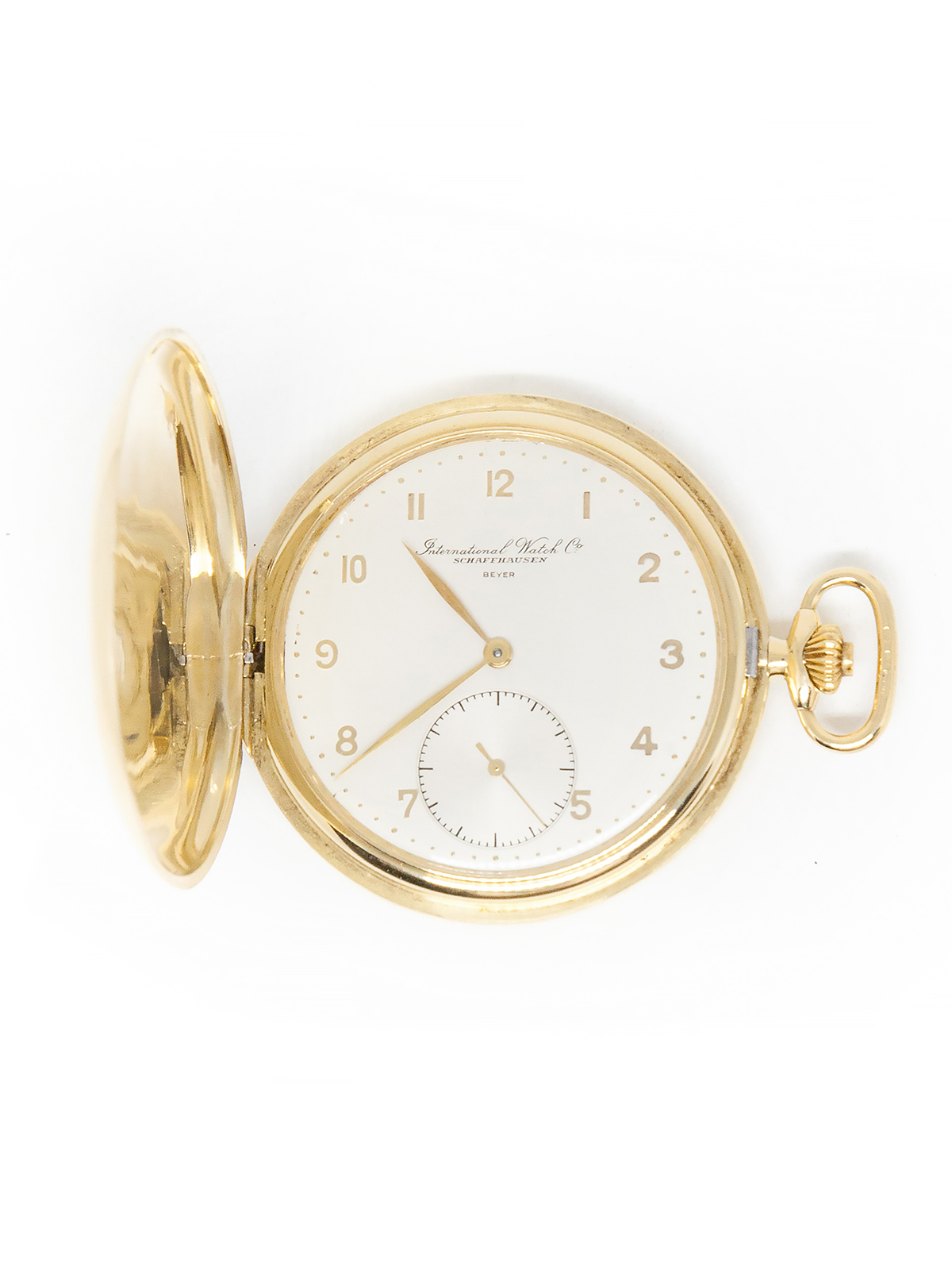 IWC retailed by Beyer 18k Yellow Gold Hunter-Case Pocket Watch with Pouch c. 1975