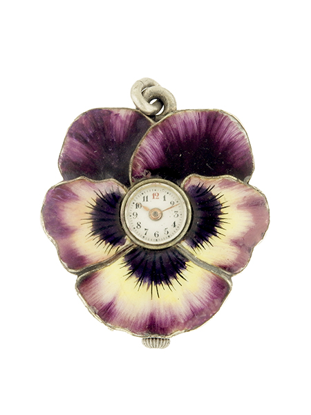 Dido Antique Silver & Enamel Pansy Flower Pendant Watch