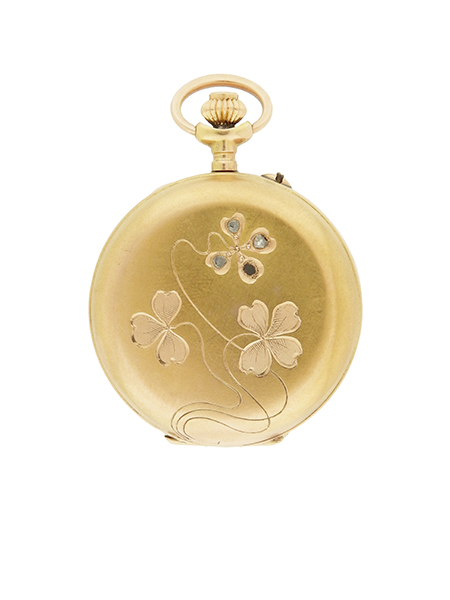 Vintage 14k Yellow Gold Hunter Pendant Pocket Watch w/ Four Leaf Clover Design & Diamond Accent