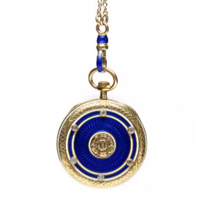 Longines 18k Yellow Gold, Enamel, & Diamond Pendant Watch & Chain c. 1920