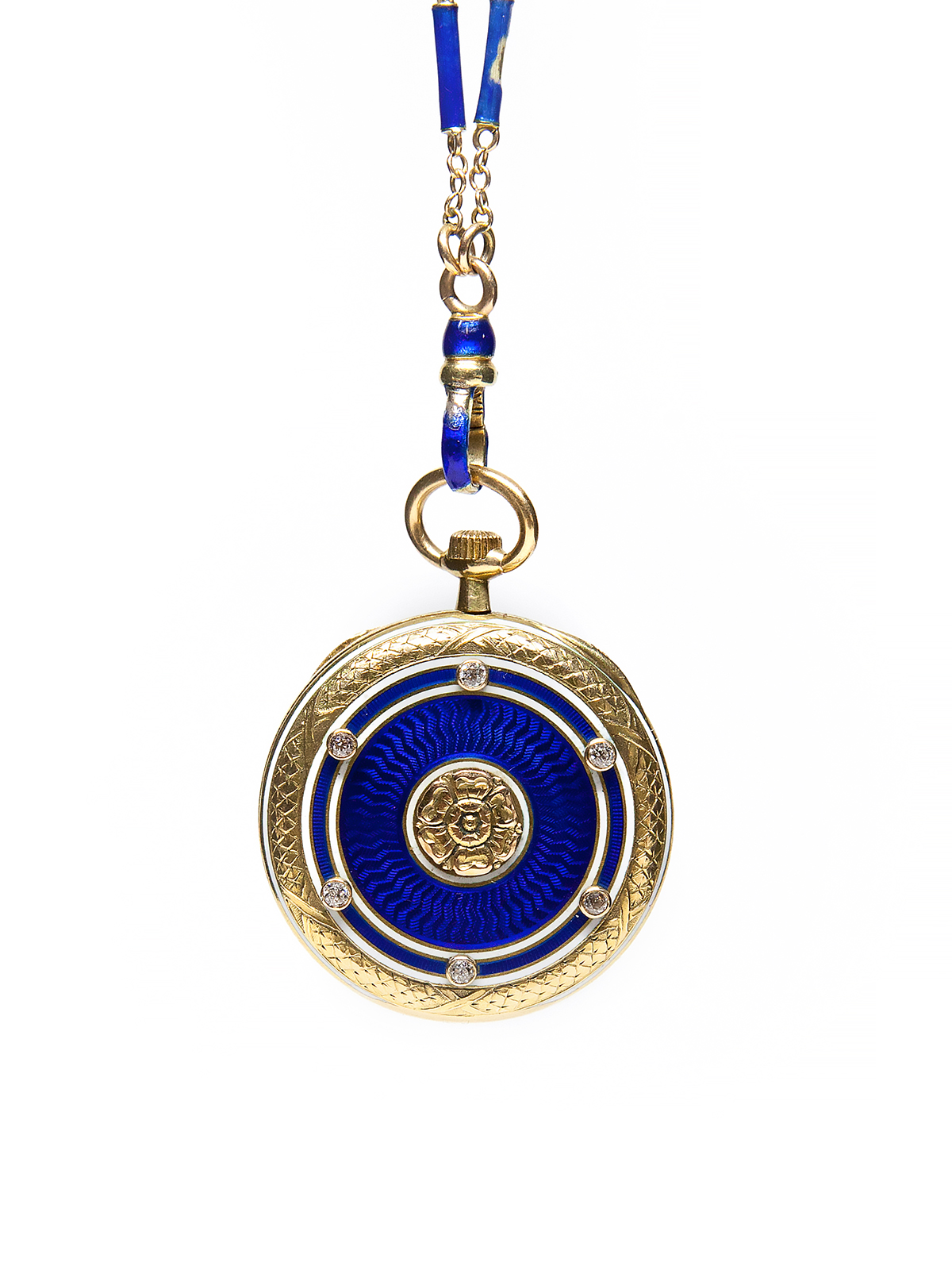 Longines 18k Yellow Gold, Enamel, & Diamond Pendant Watch & Chain c. 1920