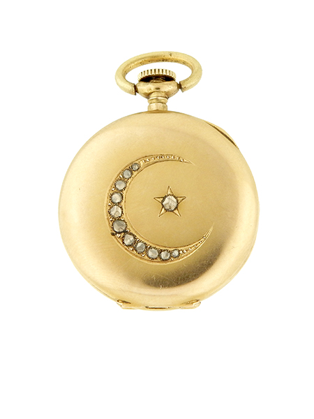 Nicoley Swiss 14k Yellow Gold Open Face Pendant Pocket Watch w/ Diamond Moon & Star Design. c. 1910s