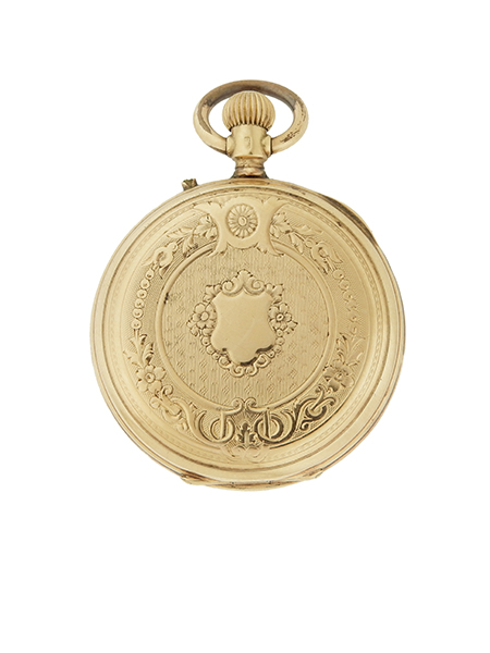 Swiss 14k Yellow Gold Antique Open Face Pocket Watch w/ Decorative Engraved Case Back