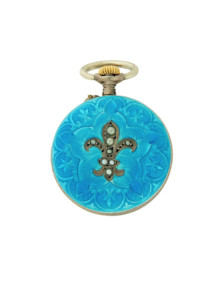 Swiss Antique Silver, Enamel & Pearl Fleur de Lis Open Face Pendant Watch