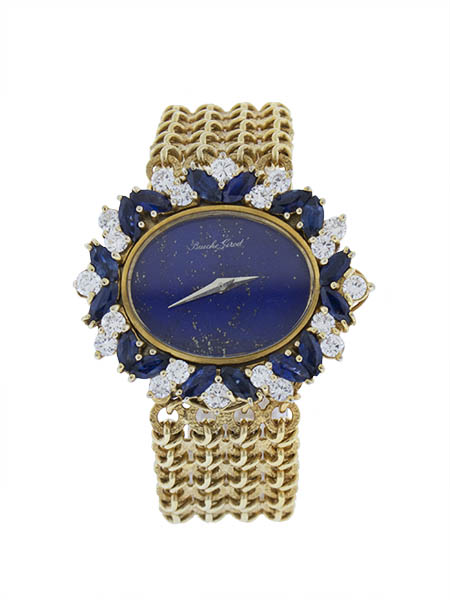 Bueche-Girod (Ref W9802) 18k Yellow Gold, Marquis-Cut Sapphire & Diamond Bezel Ladies' Bracelet Watch w/ Lapis Dial c. 1970s