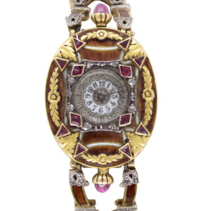 Art - Nouveux 18KYG Enamel, Diamond and Ruby Bracelet Watch French Hallmarked (22965)