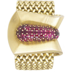 Omega 18KPG Circa 1940's " Retro" Ladies Covered Surprise Bracelet Watch with 4.5 cts of Burmese Rubies(22999)