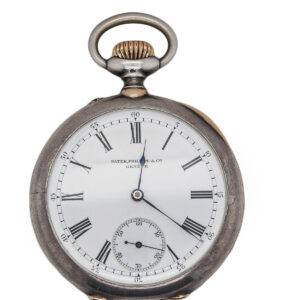 Patek Philippe Silver with Gold Trim Open Face Circa 1902 Pocket Watch made for Galatz with Original Box and Certificate (23096)