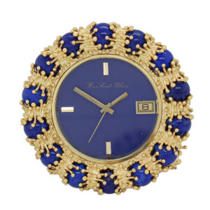 Yves Saint Blaise Swiss 18K YG and Lapis Circa 1970s Desk/Travel Clock with Date (23114)